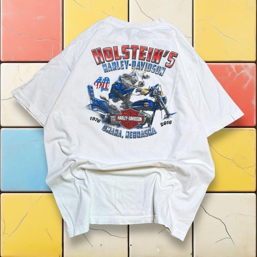 VTG Harley Davidson Cow Motorcycle Shirt Y2K‎ Men XL White Pocket Biker Grunge